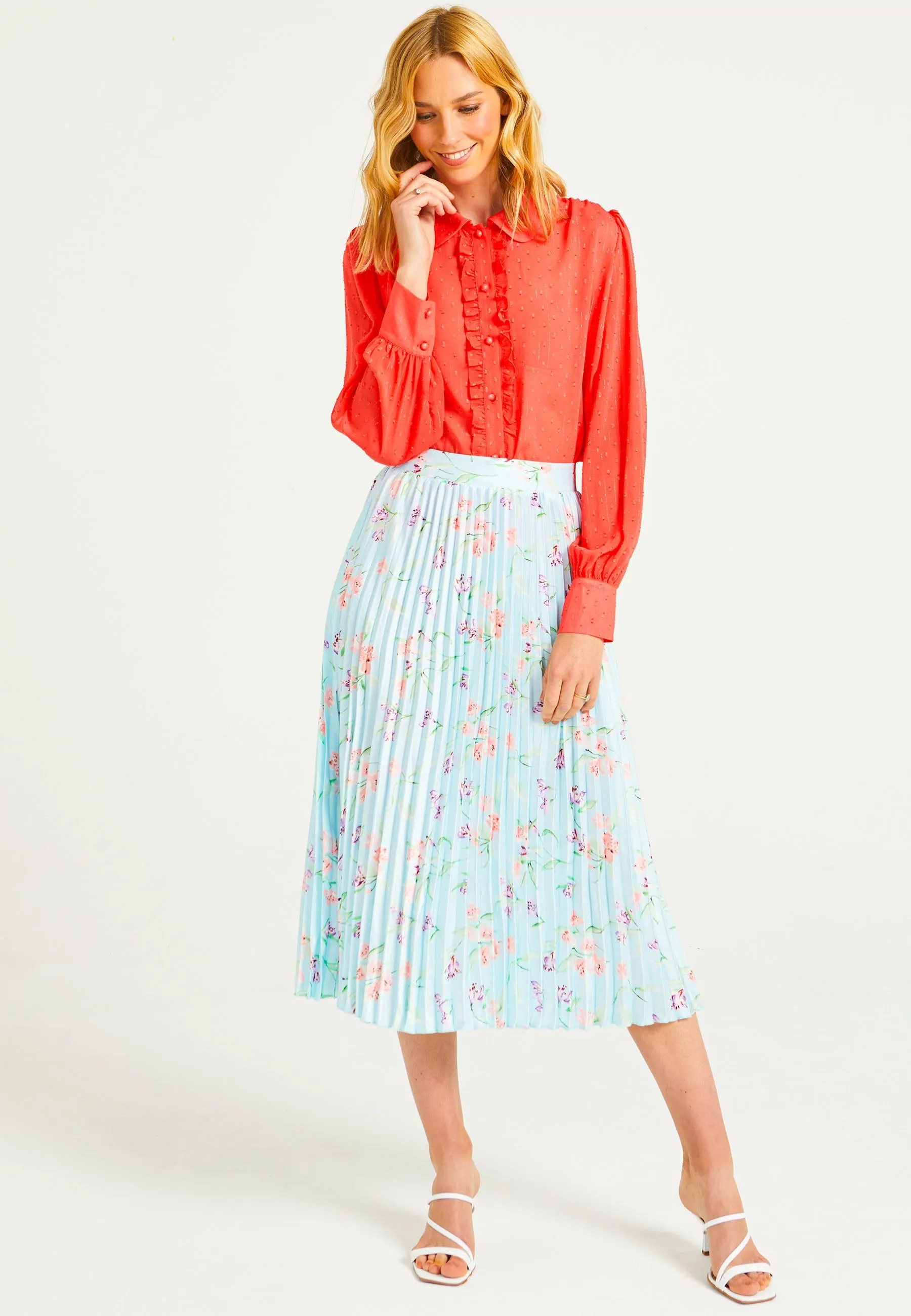 (3P.PACK) Pleated Midi Skirt in Blue Floral Print