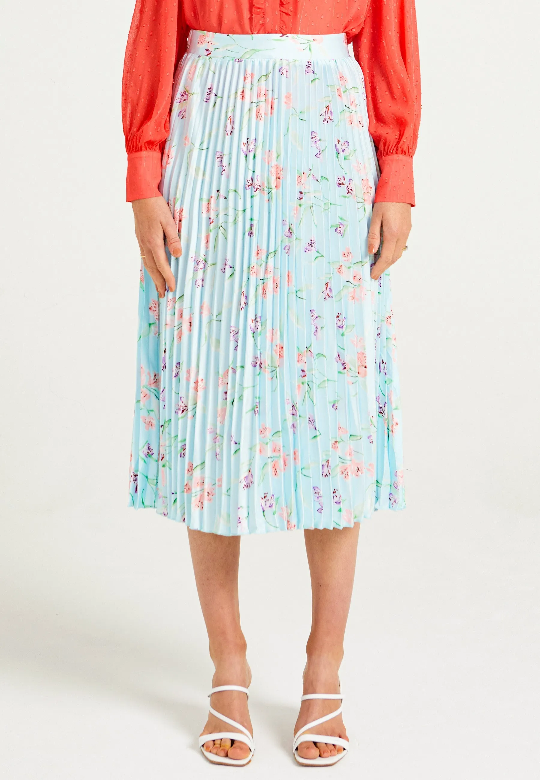 (3P.PACK) Pleated Midi Skirt in Blue Floral Print