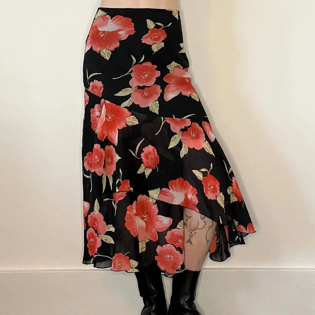 Aino Floral Midi Skirt - 25W UK 6 Black Polyester