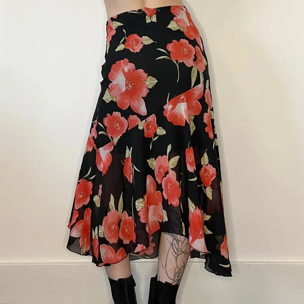 Aino Floral Midi Skirt - 25W UK 6 Black Polyester