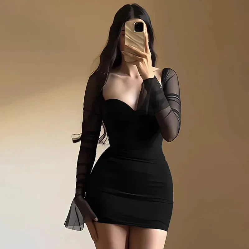 Black Bustier Long Sleeve Sheer Bodycon Mini Dress