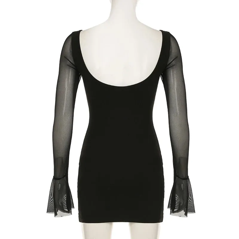Black Bustier Long Sleeve Sheer Bodycon Mini Dress
