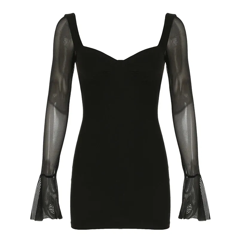 Black Bustier Long Sleeve Sheer Bodycon Mini Dress