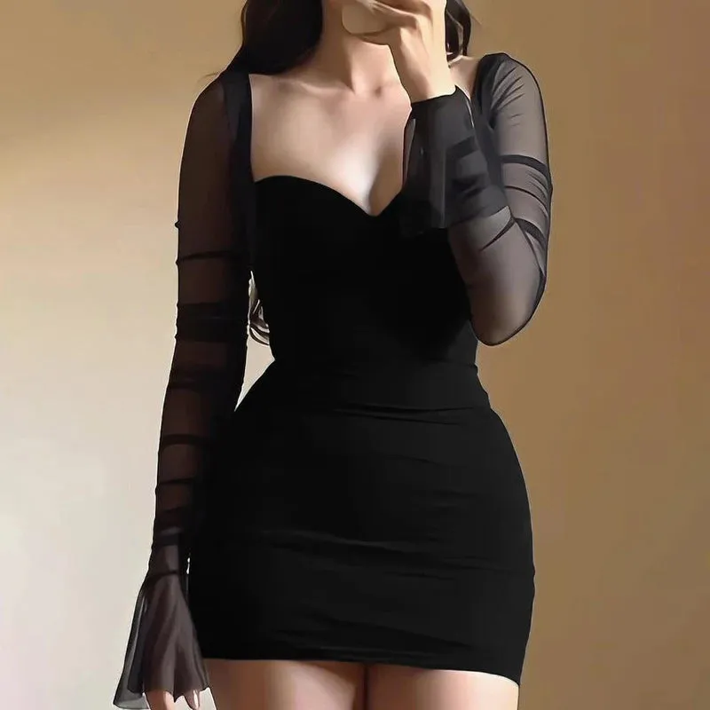 Black Bustier Long Sleeve Sheer Bodycon Mini Dress