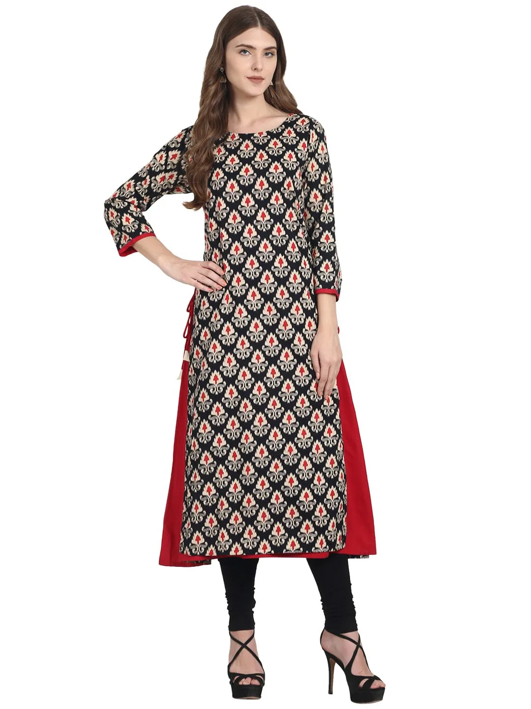 Black Printed 3/4Th Sleeve Cotton Double Layer A-Line Kurta
