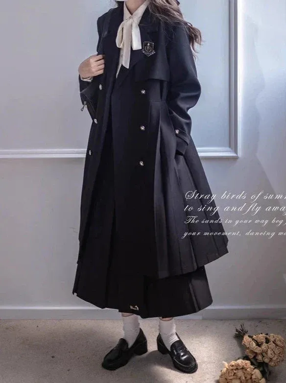 Black Ribbon Embroidered Badge College Metal Pleated Trench   Coat Shirt Skirt