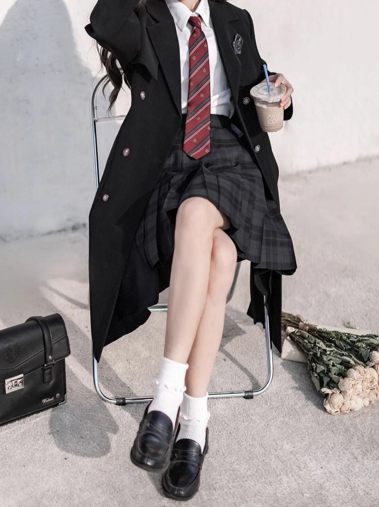 Black Ribbon Embroidered Badge College Metal Pleated Trench   Coat Shirt Skirt