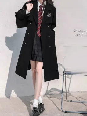 Black Ribbon Embroidered Badge College Metal Pleated Trench   Coat Shirt Skirt