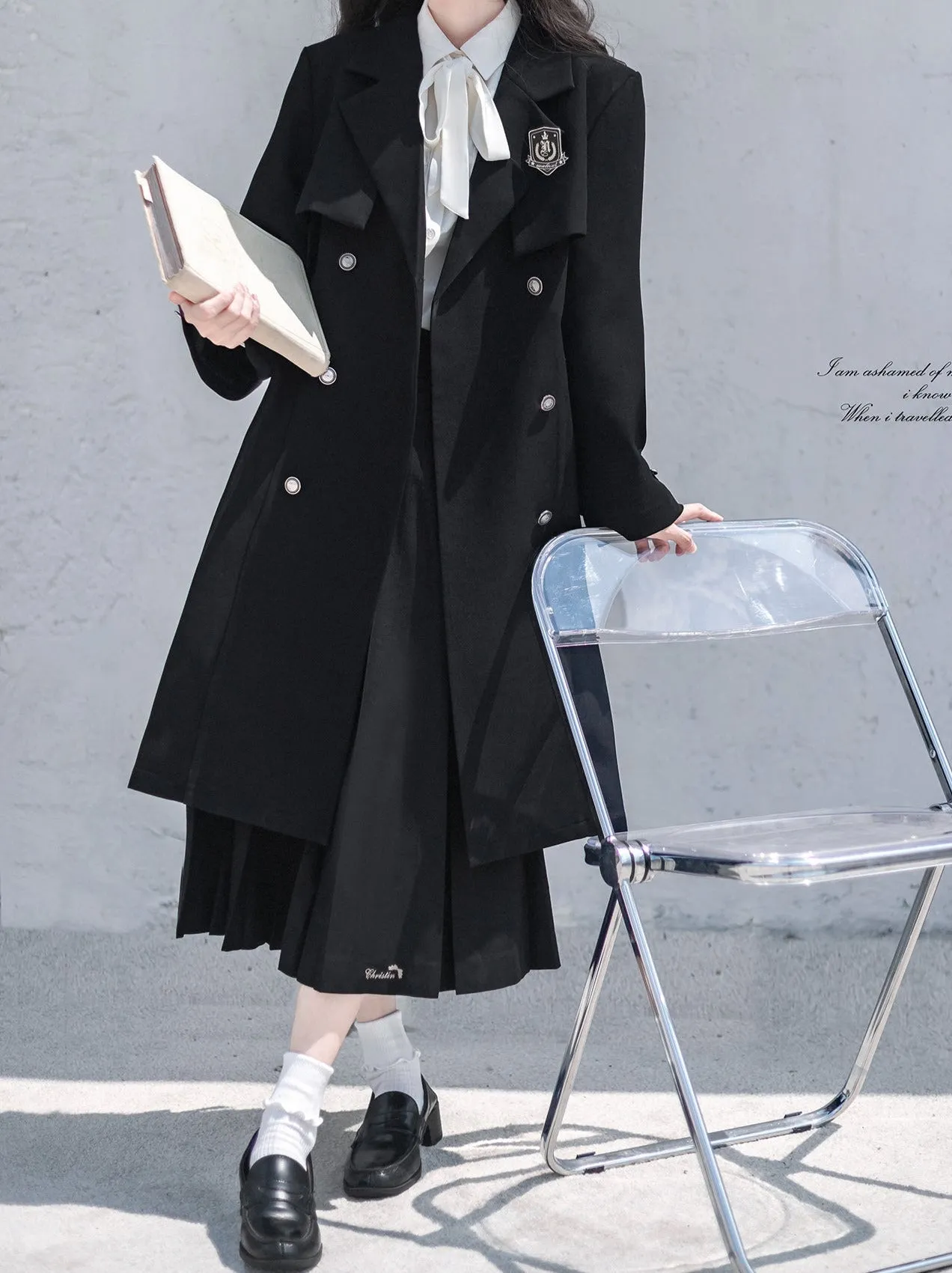 Black Ribbon Embroidered Badge College Metal Pleated Trench   Coat Shirt Skirt