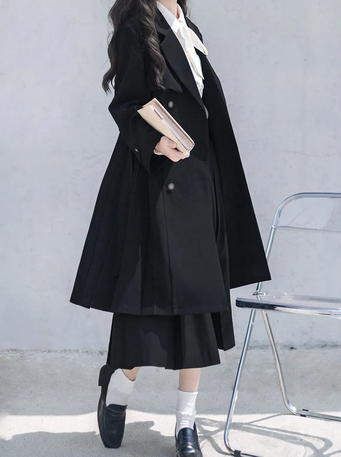 Black Ribbon Embroidered Badge College Metal Pleated Trench   Coat Shirt Skirt