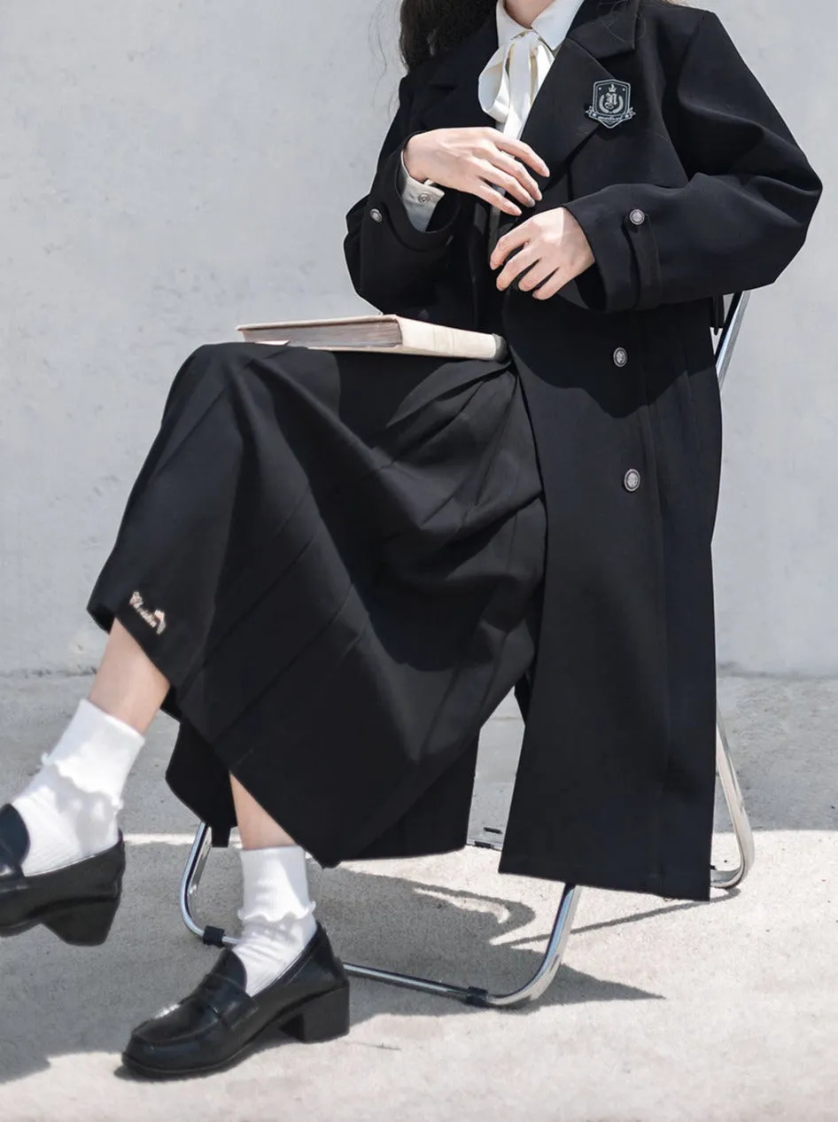 Black Ribbon Embroidered Badge College Metal Pleated Trench   Coat Shirt Skirt