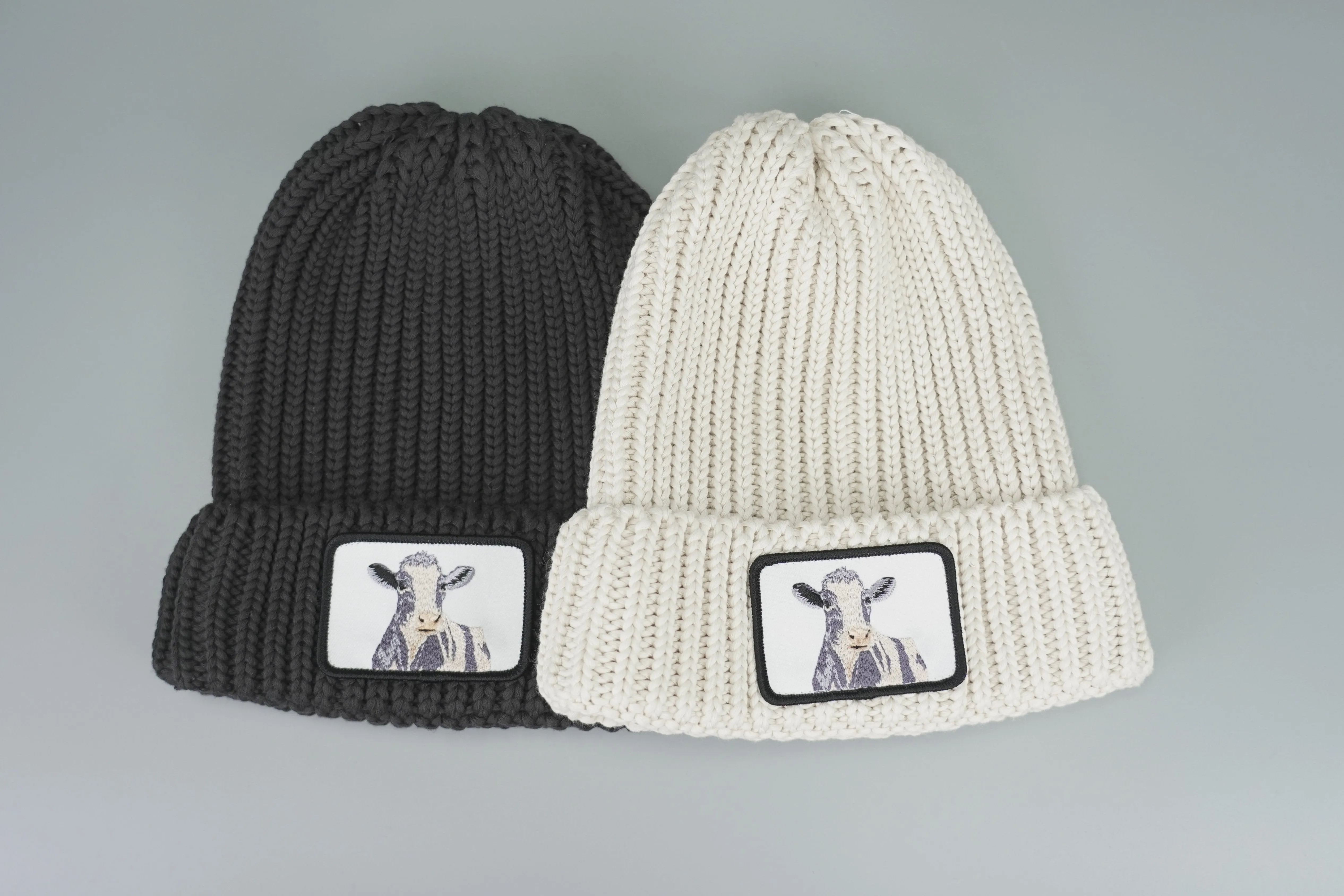 Cuffed Moo Moo Cow Embroidered Patch Knit Beanie