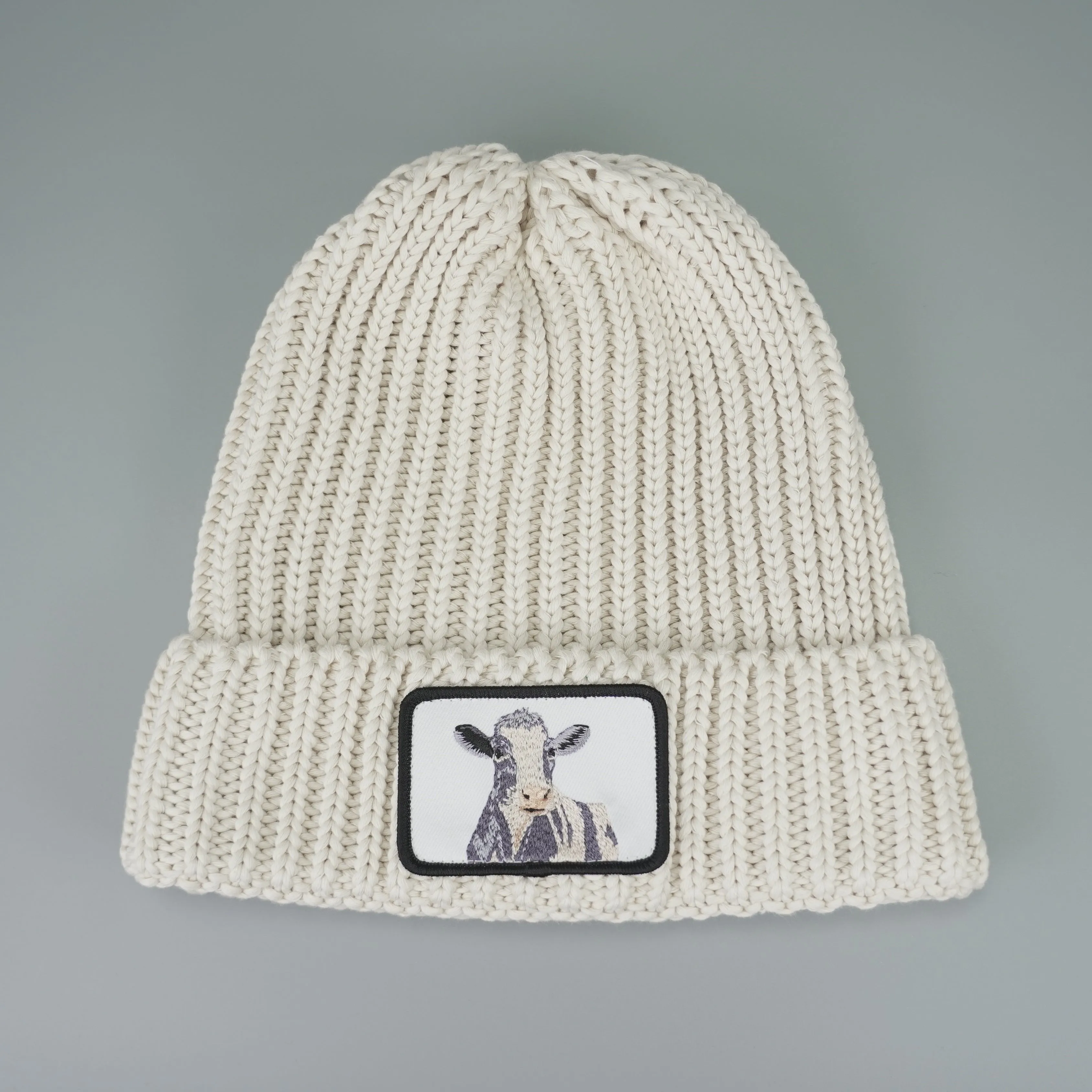Cuffed Moo Moo Cow Embroidered Patch Knit Beanie