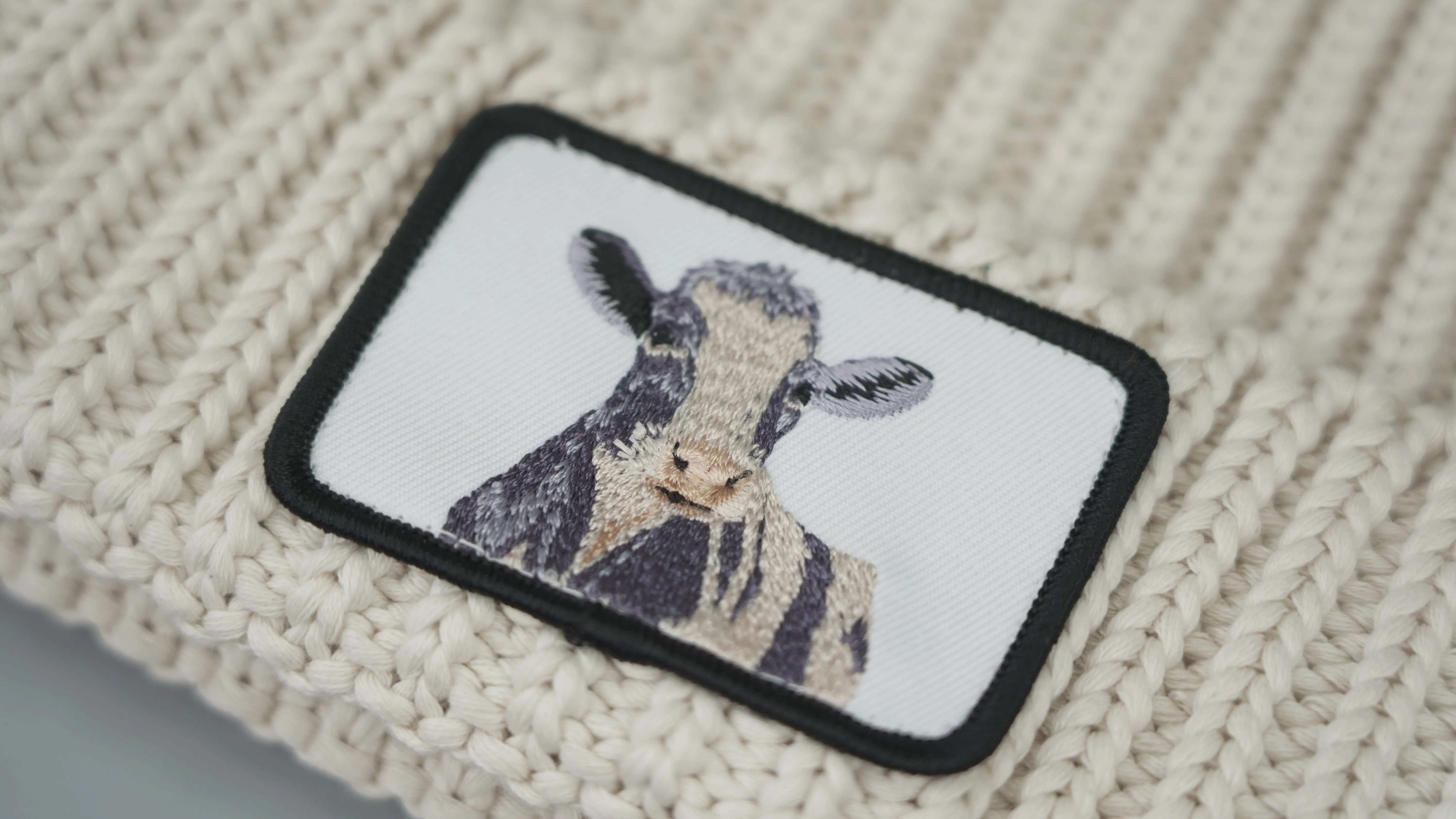 Cuffed Moo Moo Cow Embroidered Patch Knit Beanie