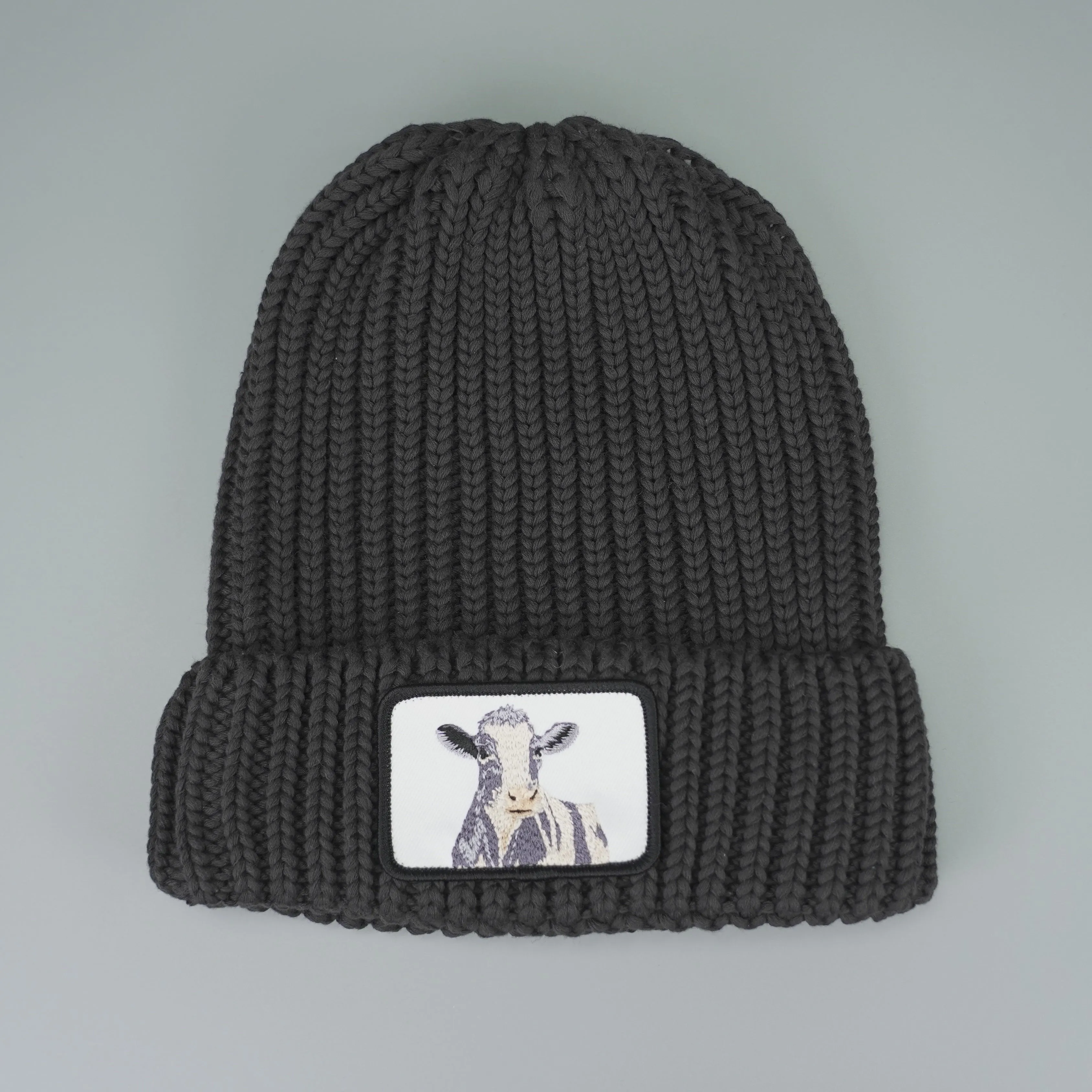Cuffed Moo Moo Cow Embroidered Patch Knit Beanie
