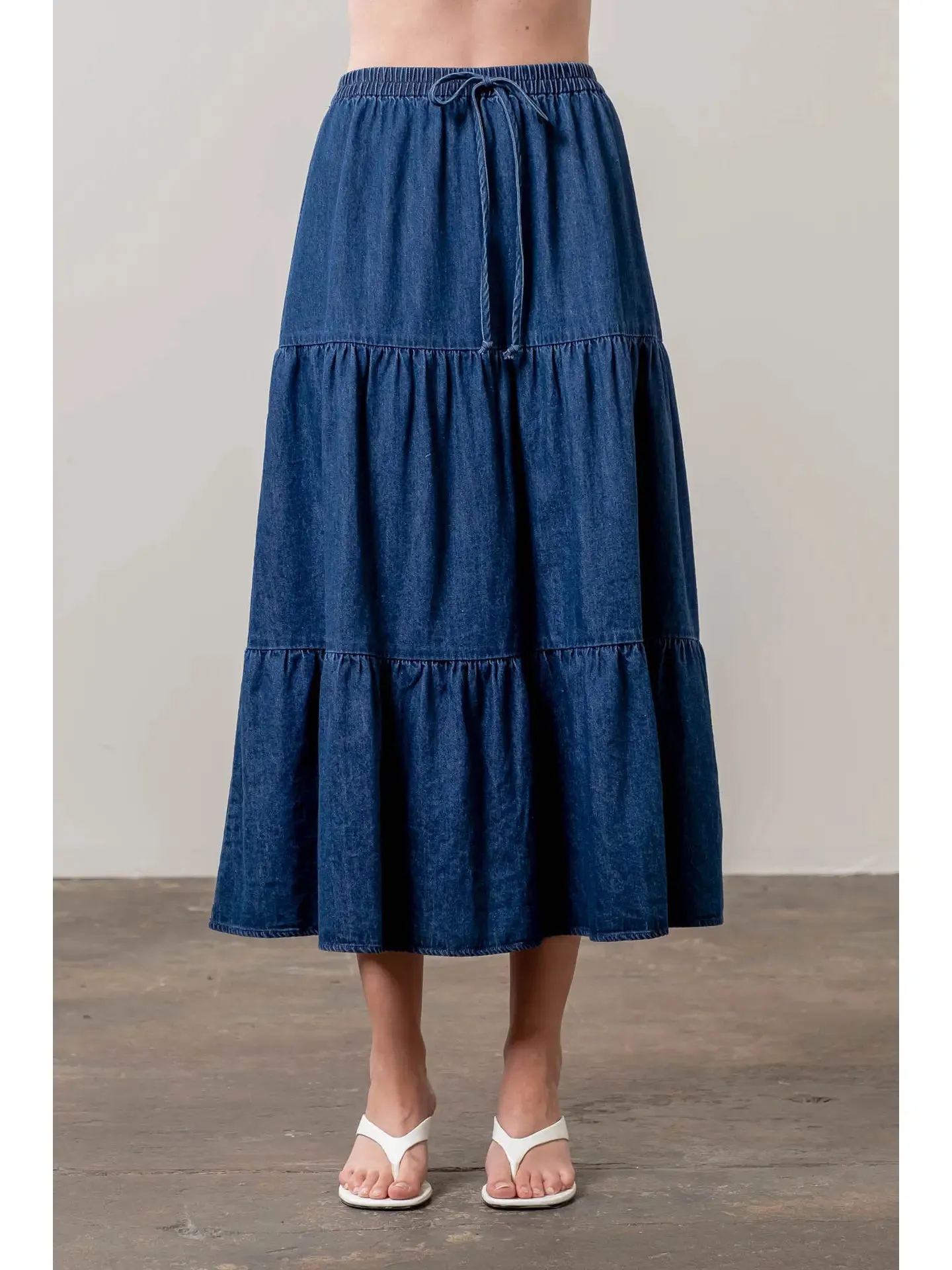 Denim High Waist Tiered Midi Skirt