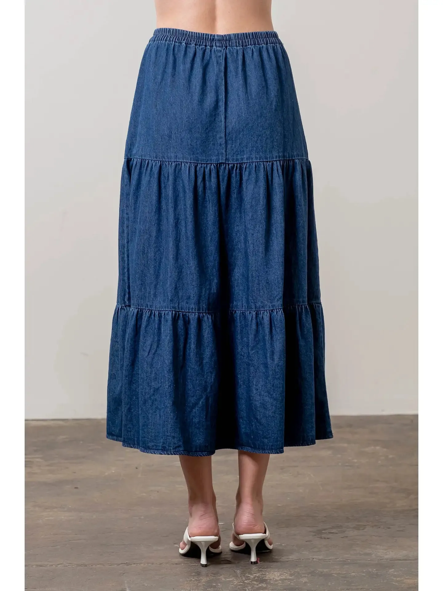 Denim High Waist Tiered Midi Skirt