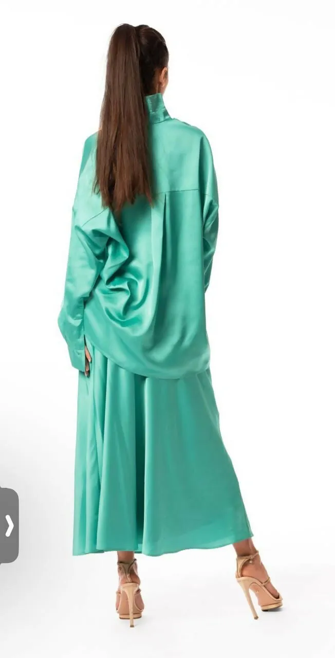 Green Silk Classic Button-Down Design Shirt And Elegant Skirt