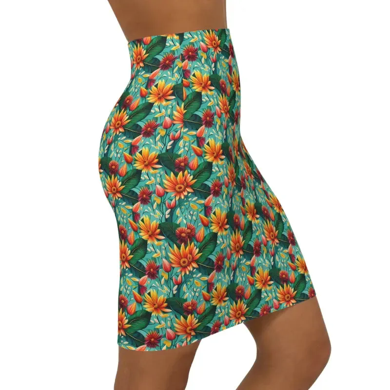Green Womens Mini Skirt with Flower Pattern