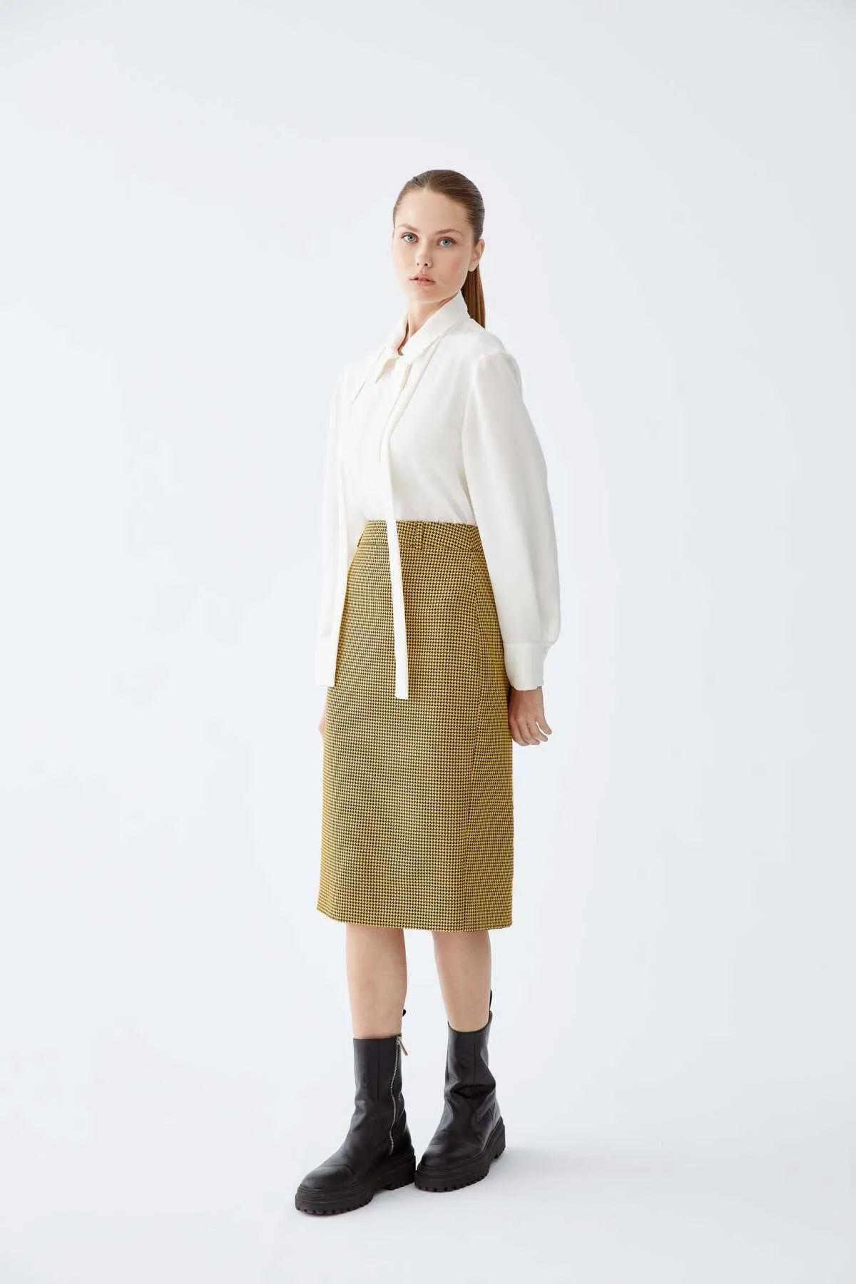 Houndstooth Detailed High Waist Midi Length Skirt Standard Color