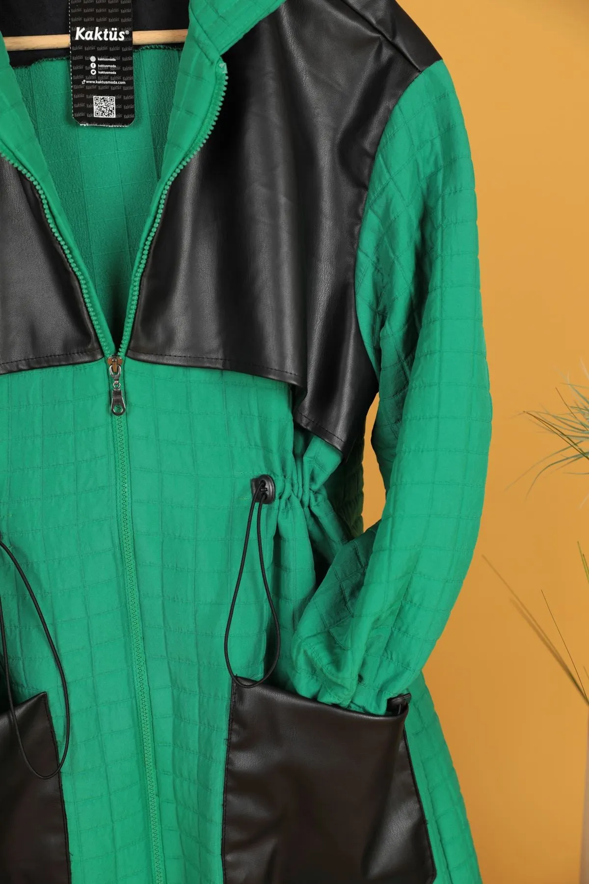 KKT Leather Fabric Jacquard Women's Trench Coat-Green - Medford