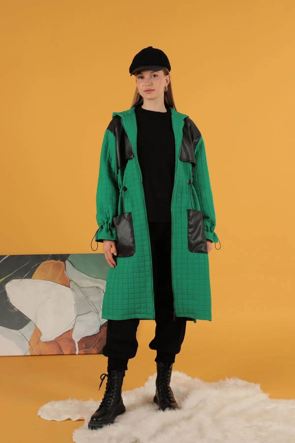 KKT Leather Fabric Jacquard Women's Trench Coat-Green - Medford