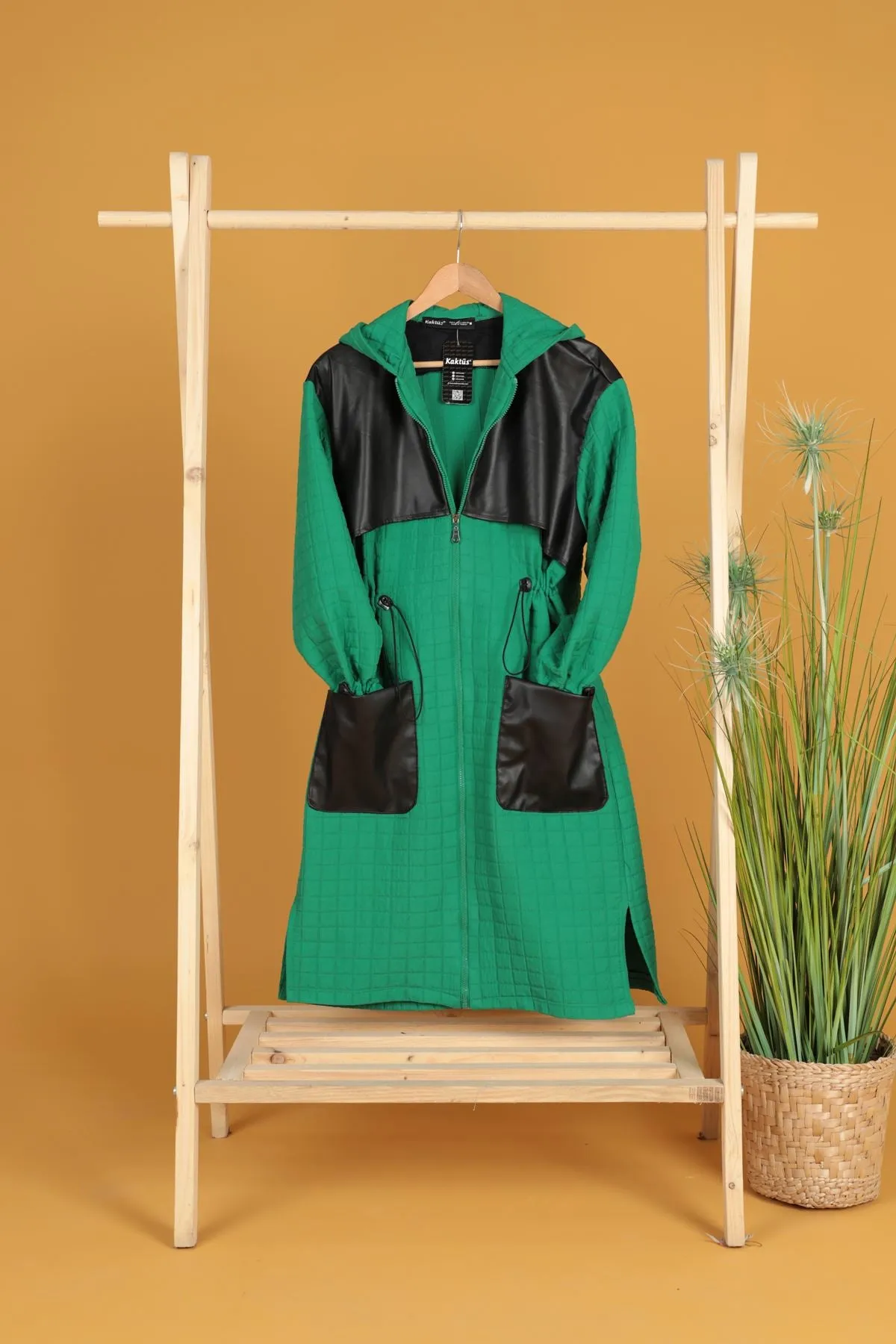 KKT Leather Fabric Jacquard Women's Trench Coat-Green - Medford