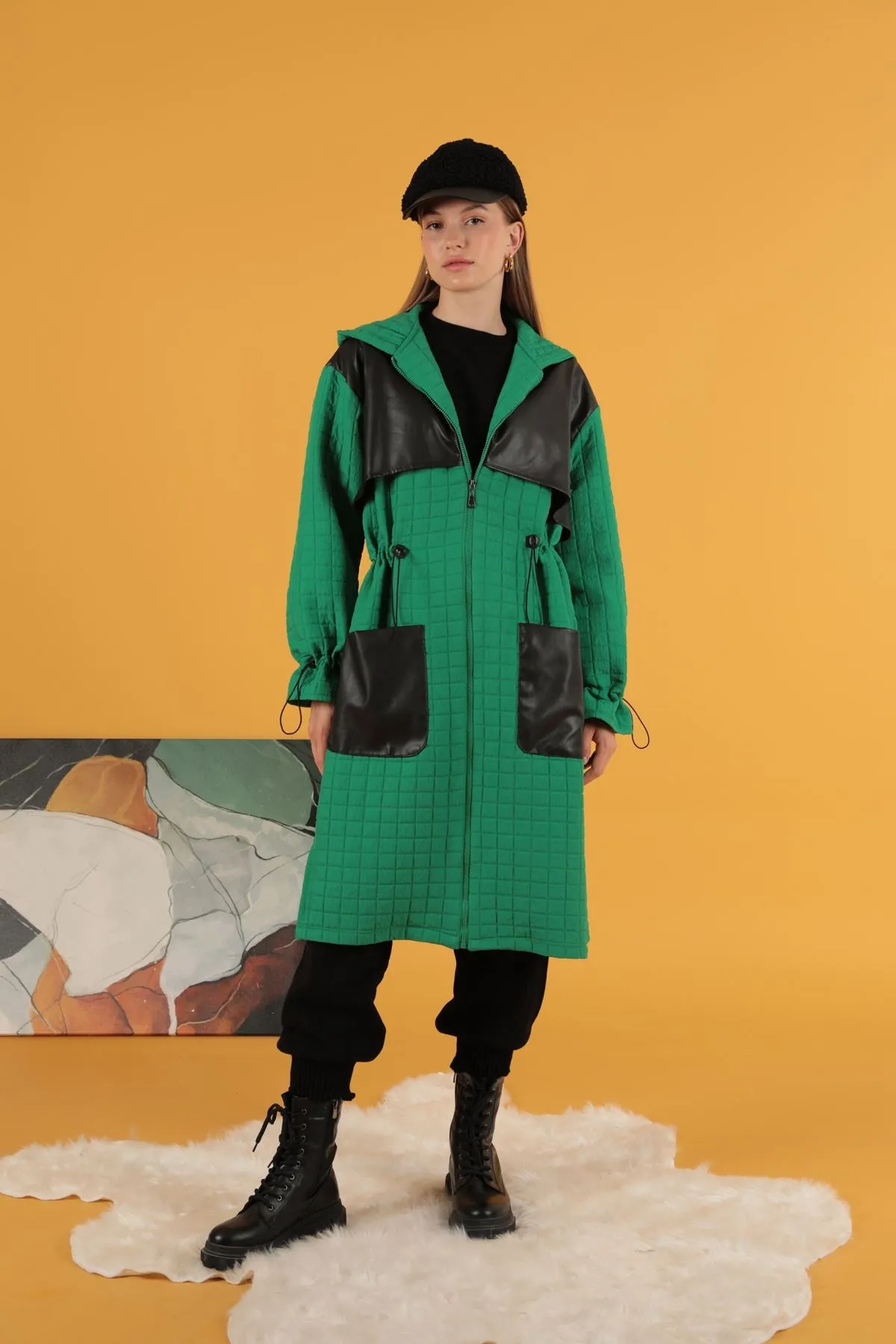 KKT Leather Fabric Jacquard Women's Trench Coat-Green - Medford