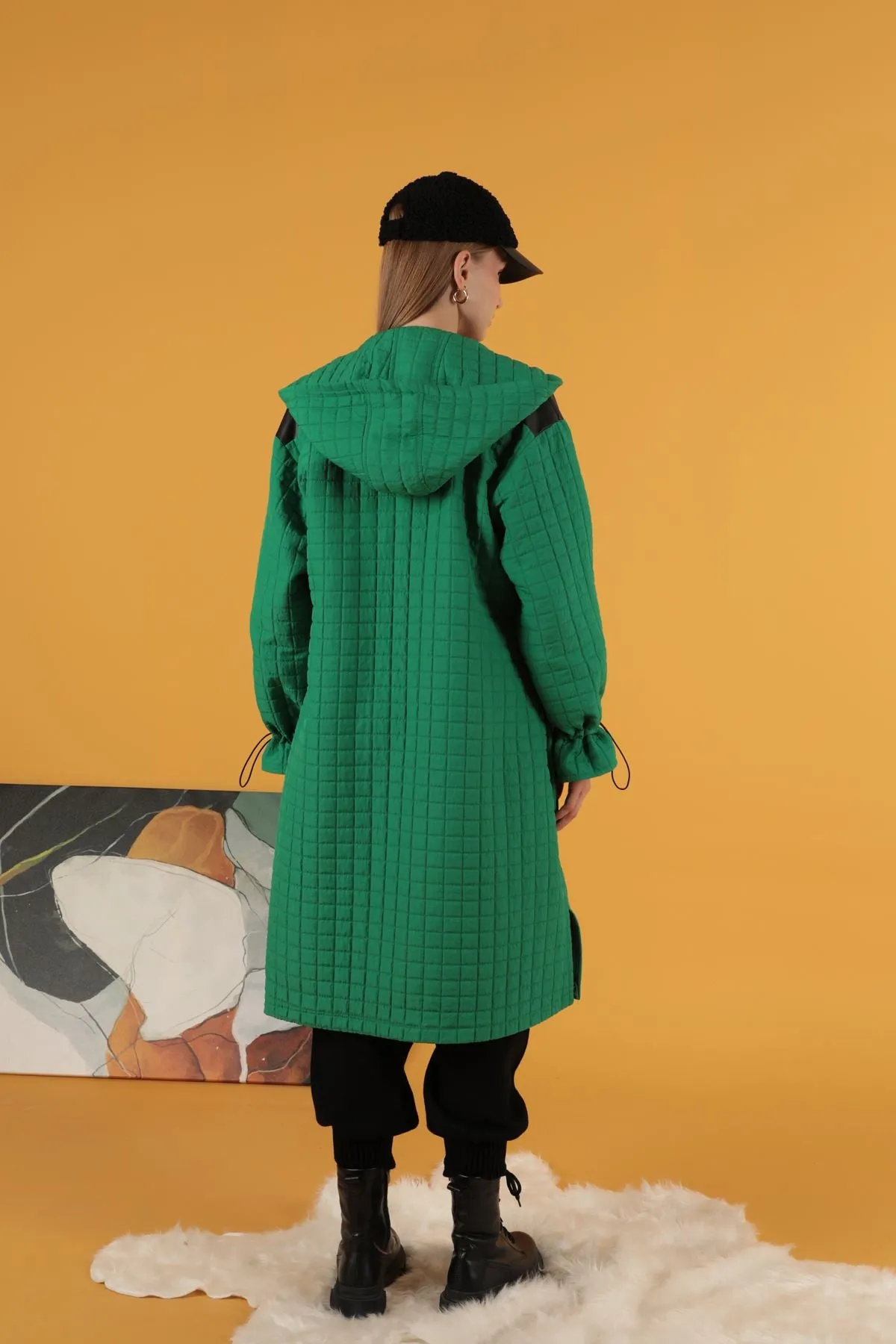 KKT Leather Fabric Jacquard Women's Trench Coat-Green - Medford