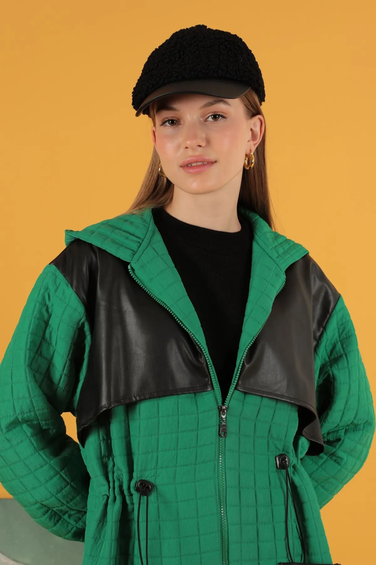 KKT Leather Fabric Jacquard Women's Trench Coat-Green - Medford