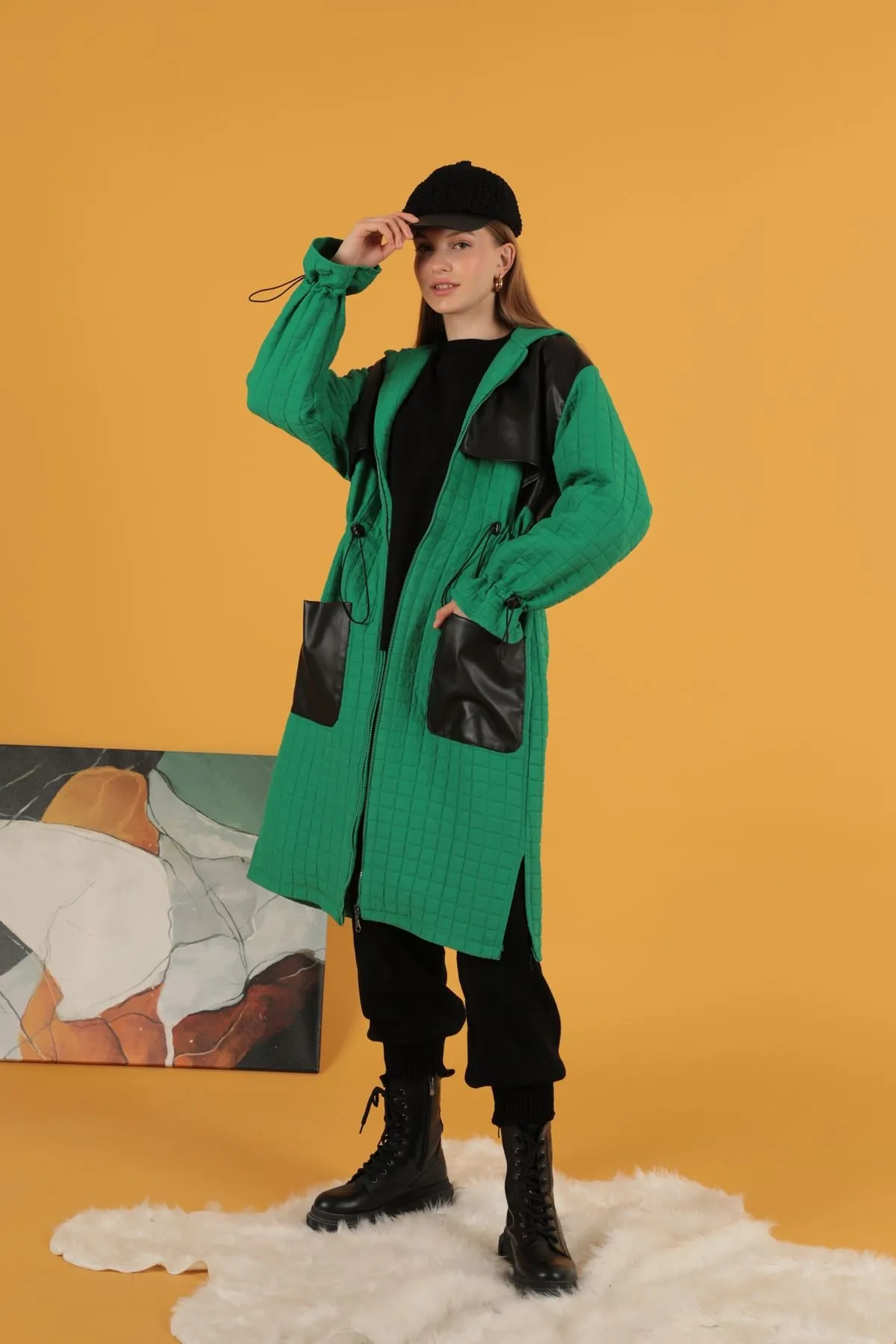 KKT Leather Fabric Jacquard Women's Trench Coat-Green - Medford