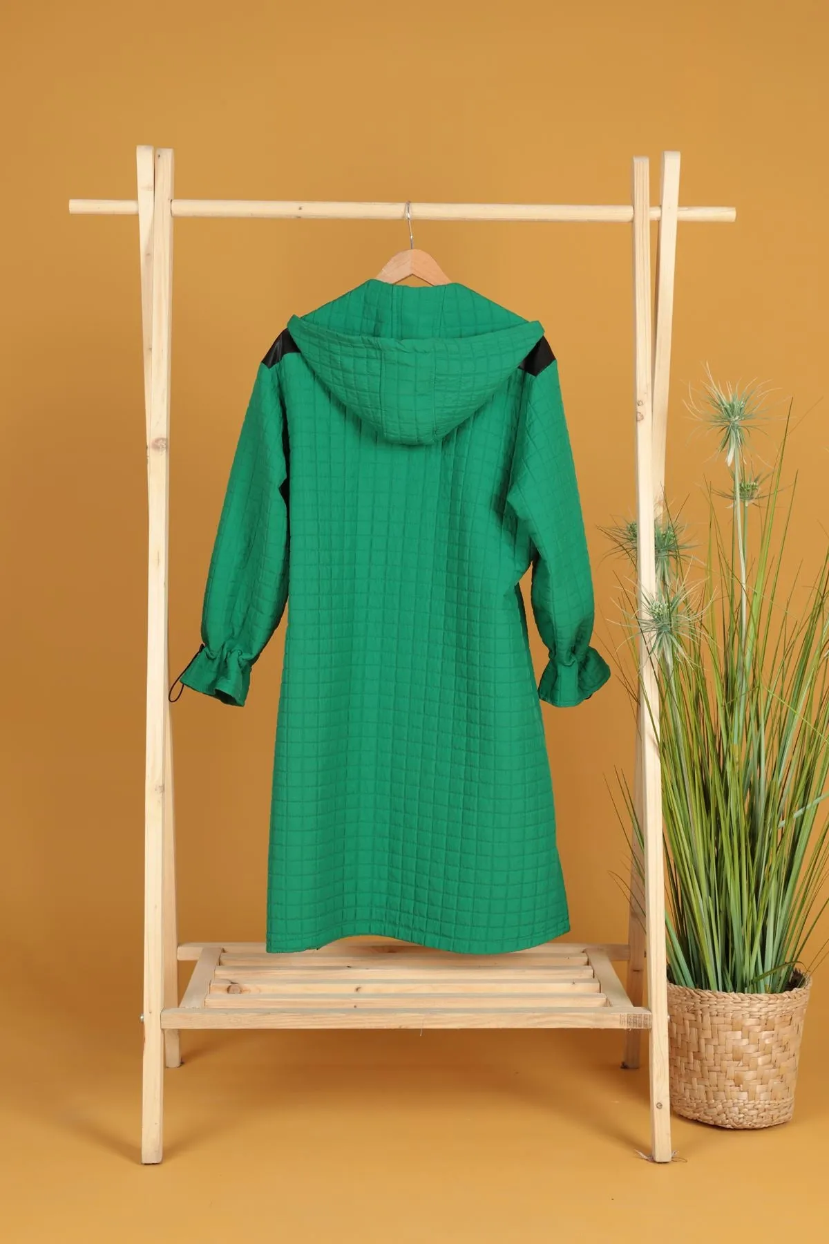 KKT Leather Fabric Jacquard Women's Trench Coat-Green - Medford