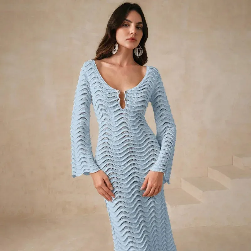 Knit Hollow-Out Loose Patchwork Lace-Up Summer Dress