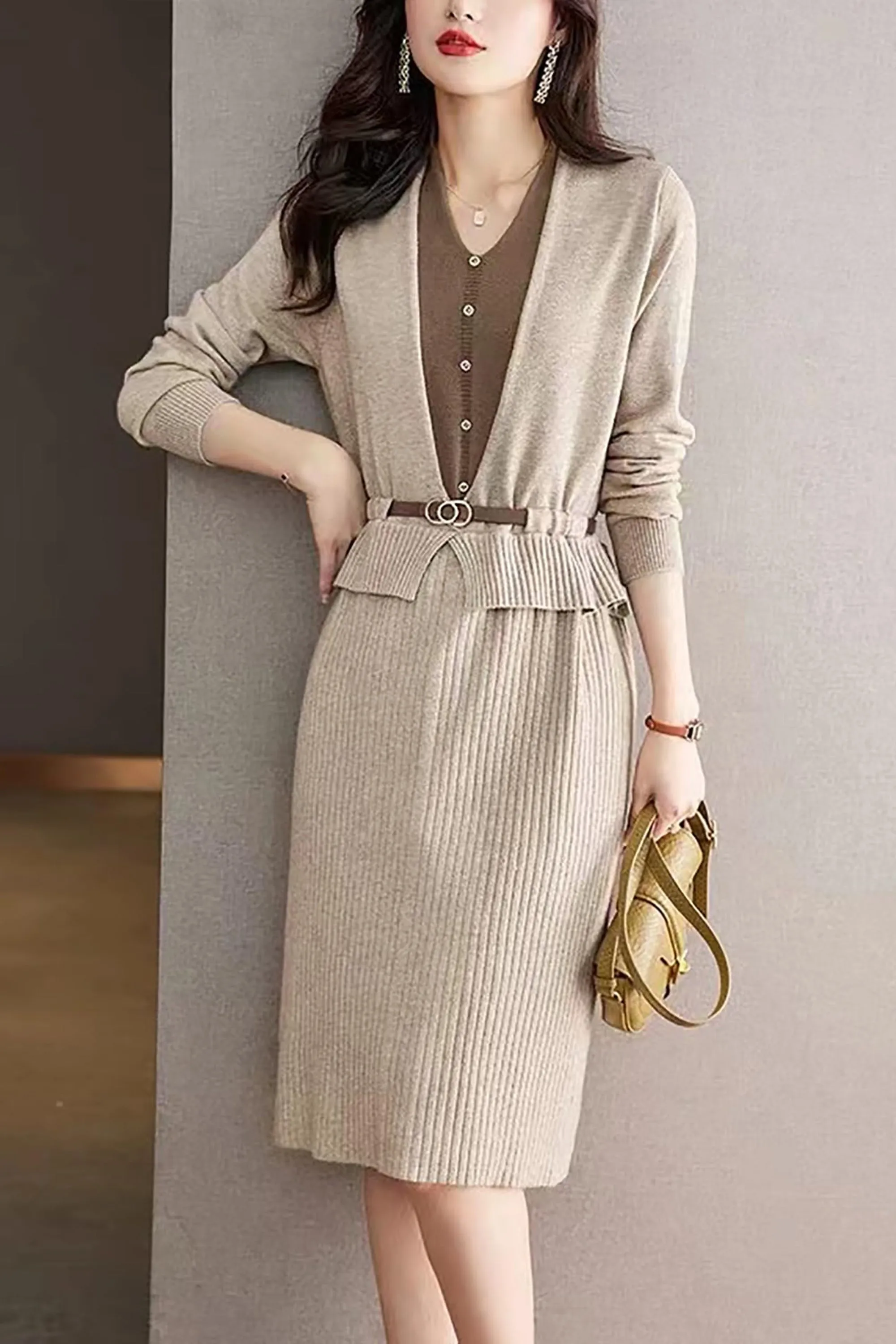 Knit Patchwork Belt Stretchy Midi Dress