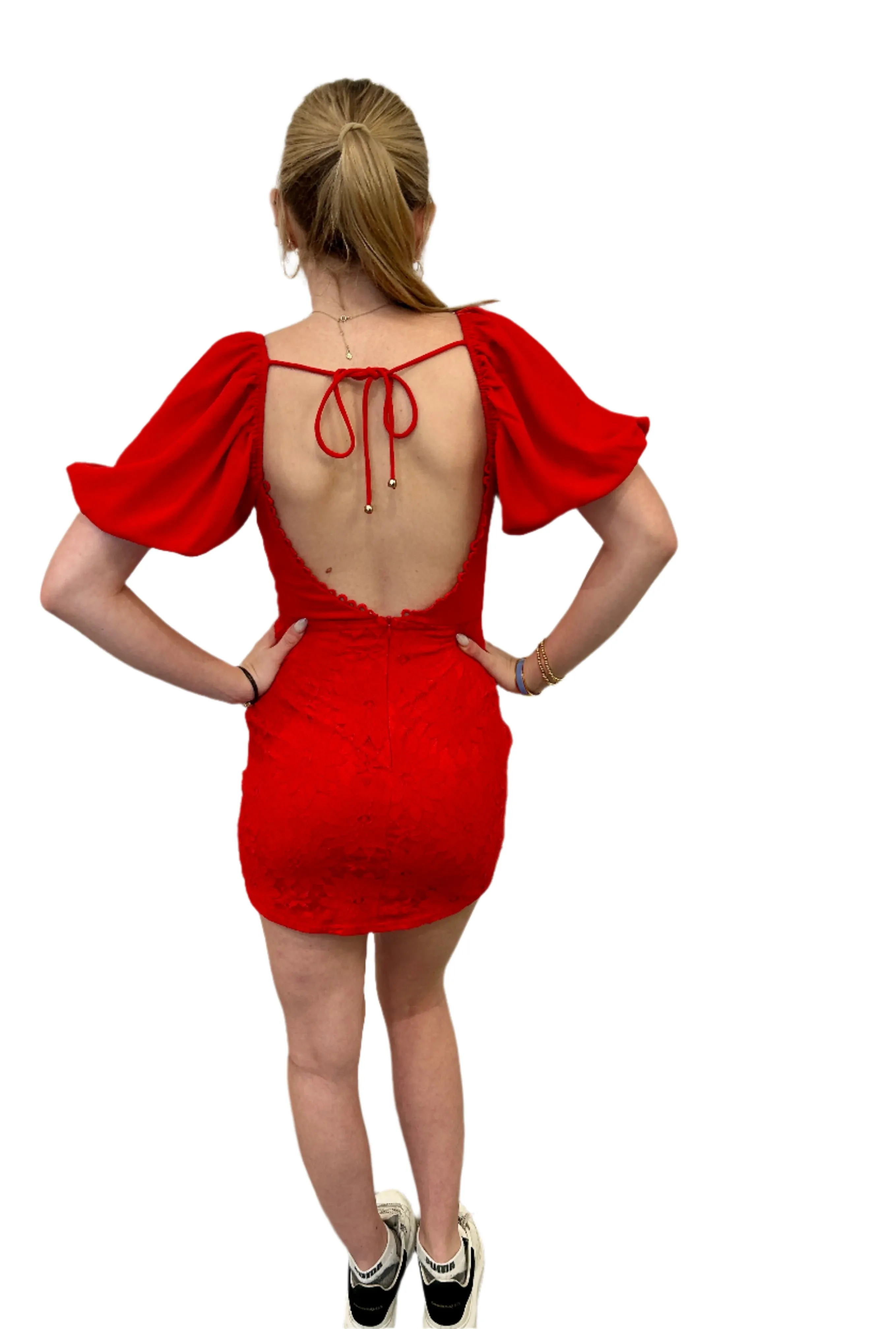 lipstick red v neck puff sleeve lace body con mini dress