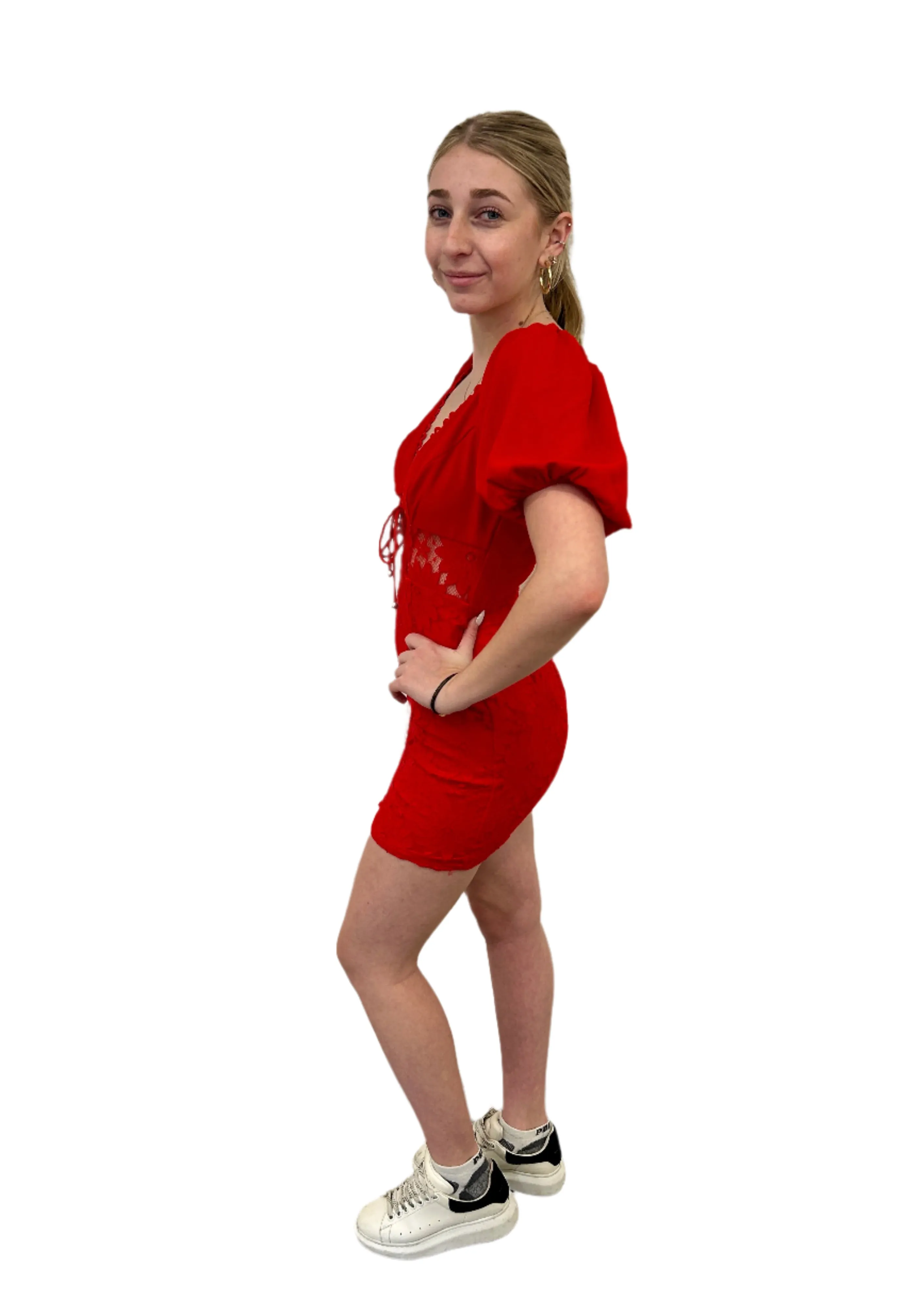 lipstick red v neck puff sleeve lace body con mini dress