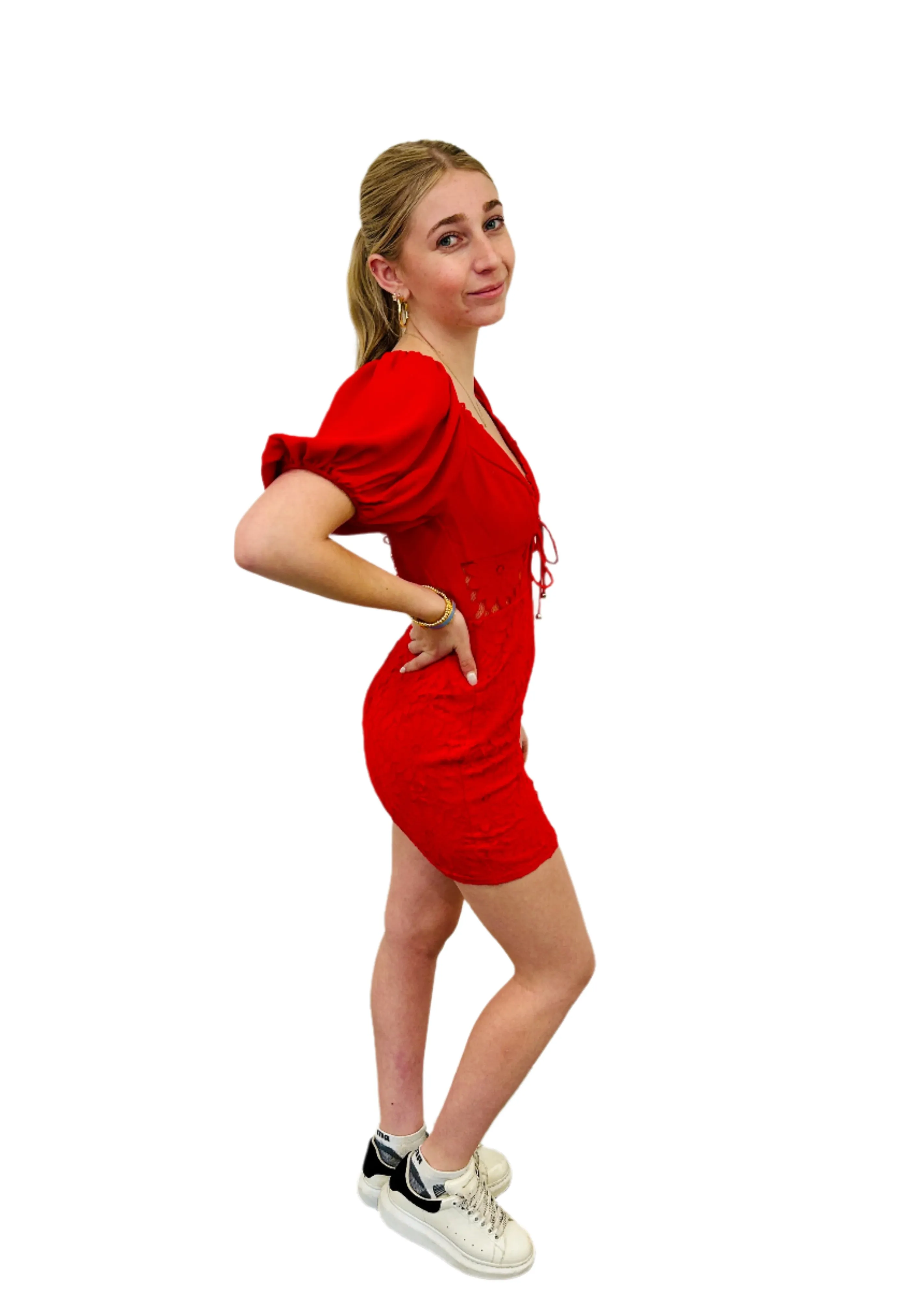 lipstick red v neck puff sleeve lace body con mini dress