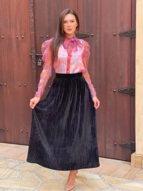 Long Velvet Black Pleated Skirt