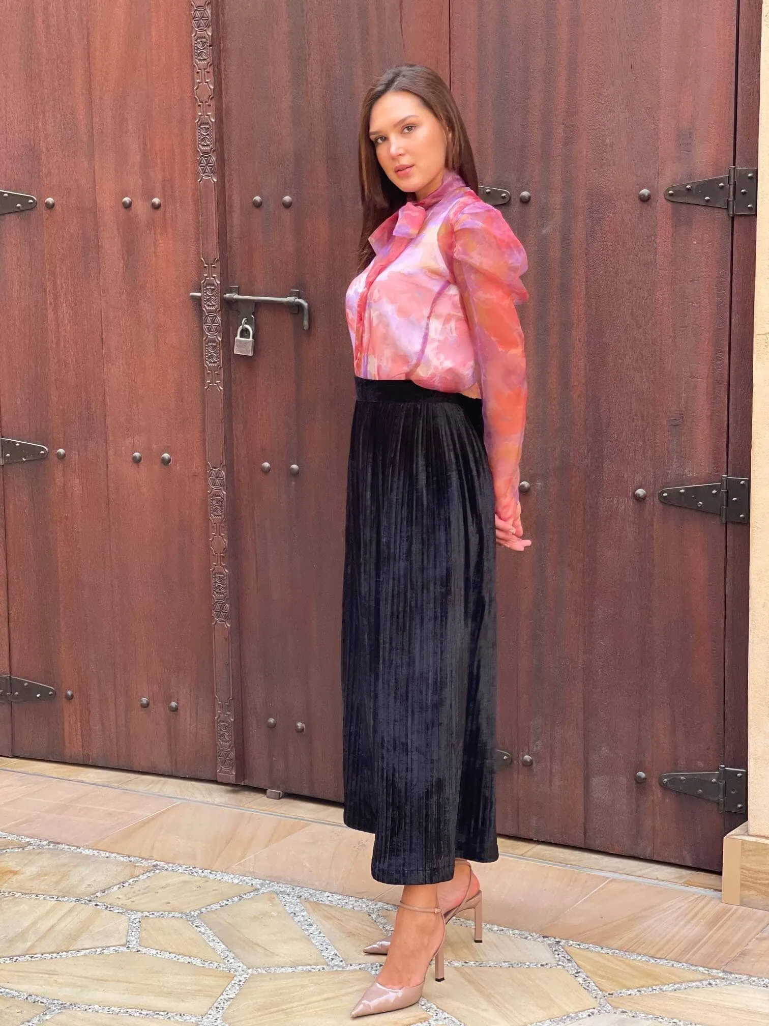 Long Velvet Black Pleated Skirt