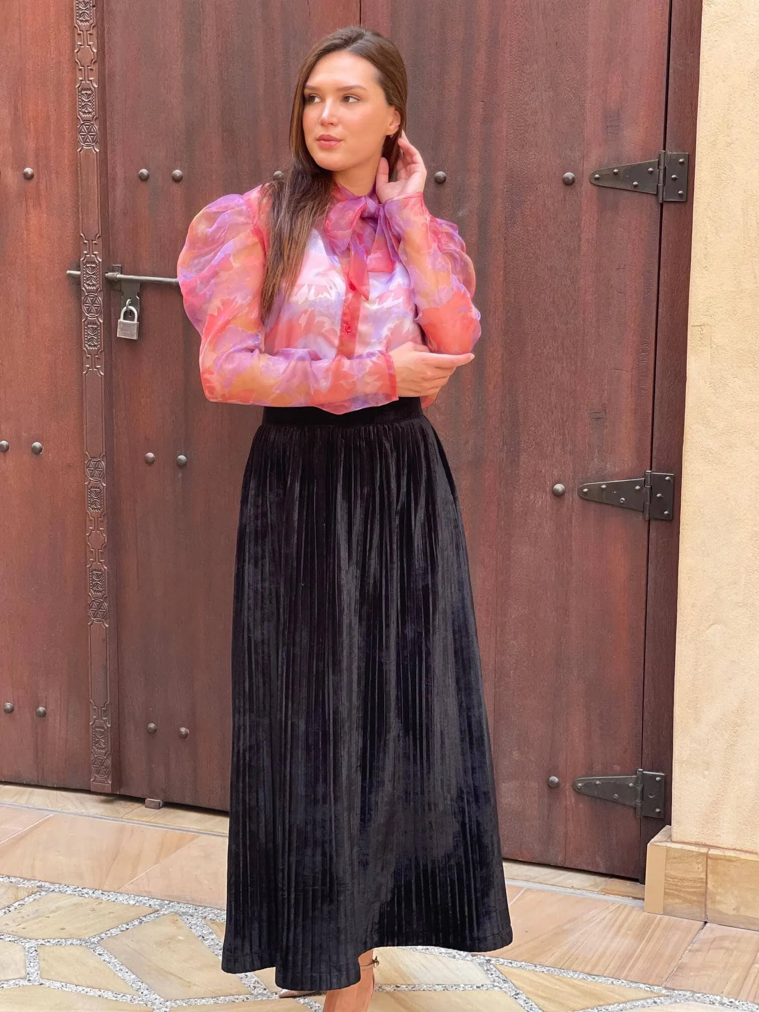 Long Velvet Black Pleated Skirt