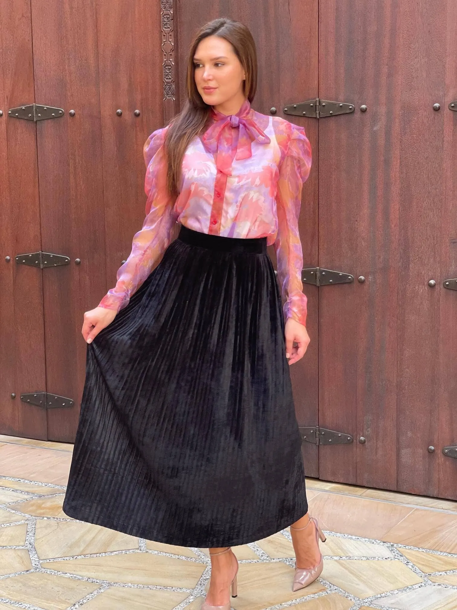 Long Velvet Black Pleated Skirt