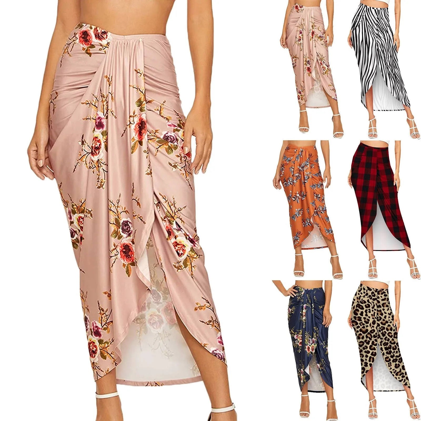 Midi Skirt With Casual Slit Wrap Asymmetrical High Waist