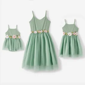 Mommy and Me Cotton Ribbed Floral Embroidered Cami Mesh Dresses