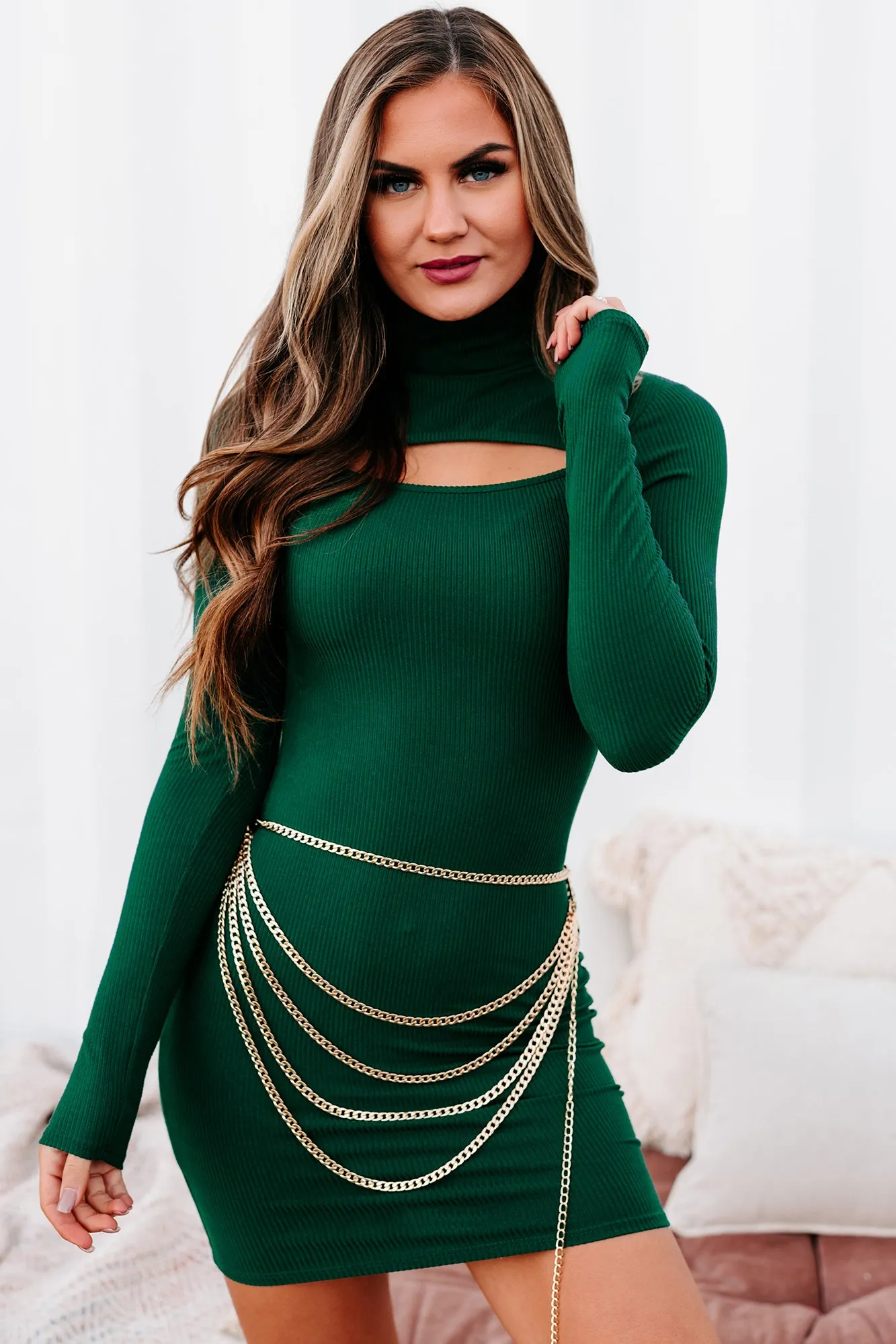 Mostly Yours Long Sleeve Cut-Out Bodycon (Hunter Green)