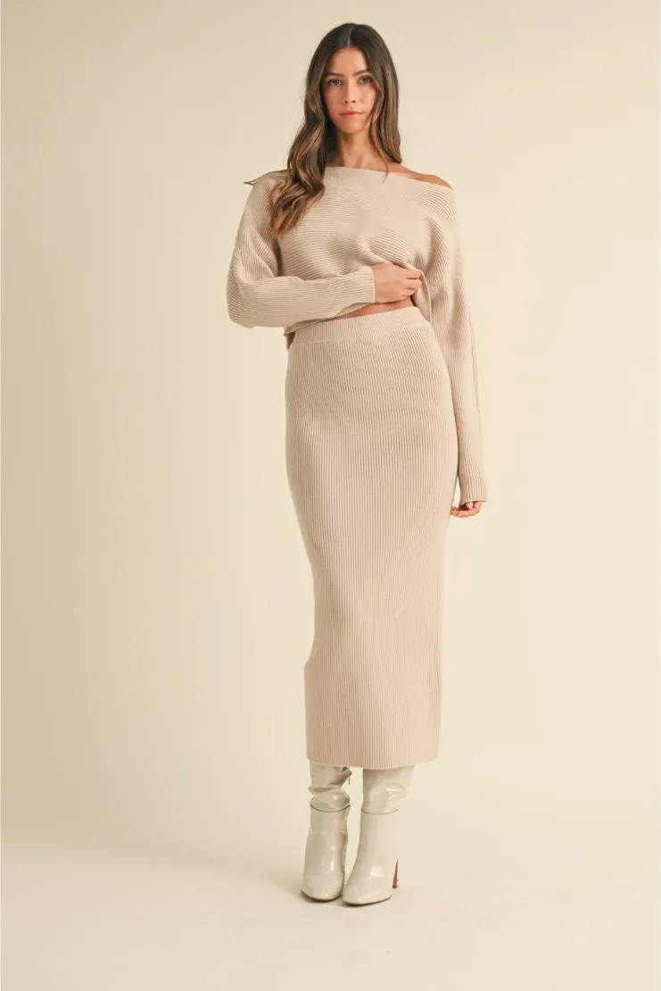 Penelope Knit Crop Top and Midi Skirt Set (Sold Separately) - Taupe