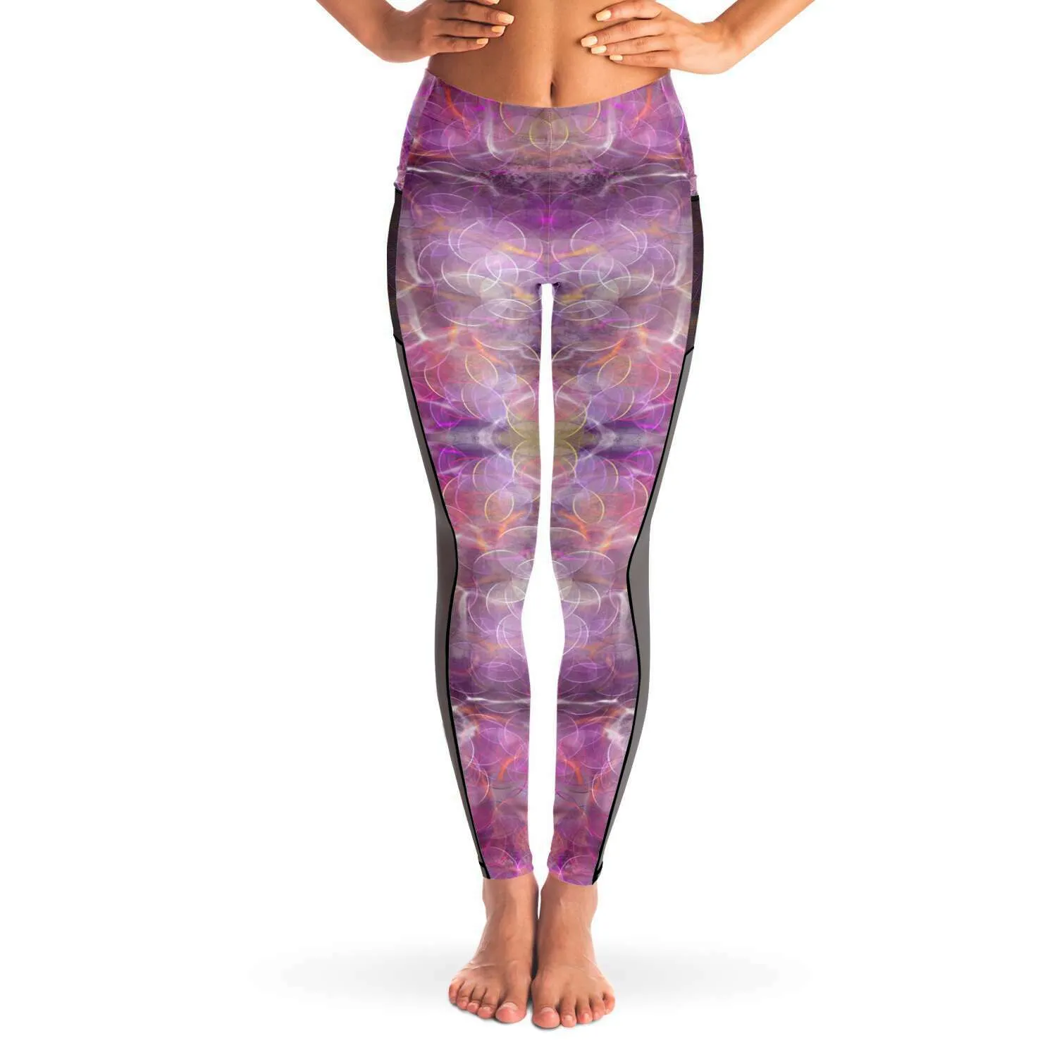 Pink Circles Mesh Panel Side Pockets Leggings (FWS)