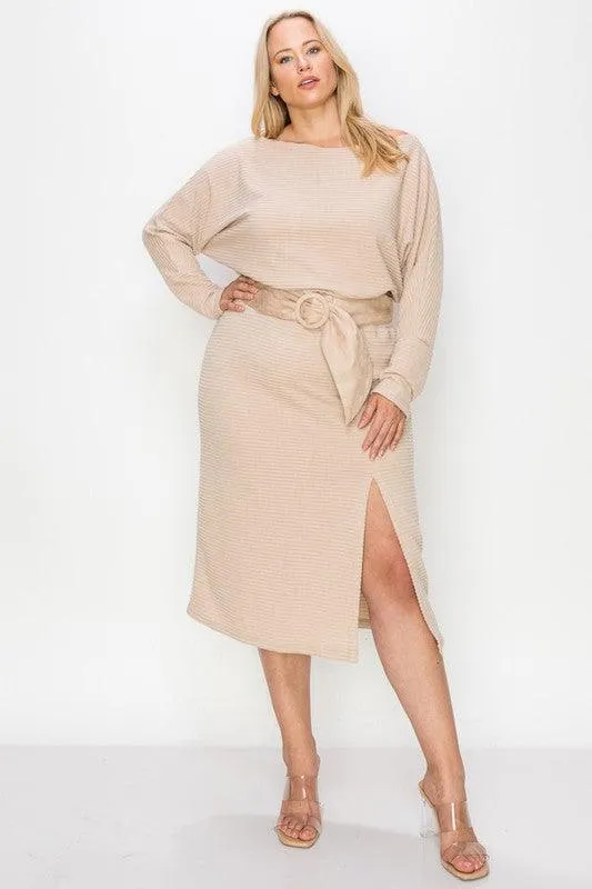 PLUS long dolman sleeve ribbed knit belted midi dress