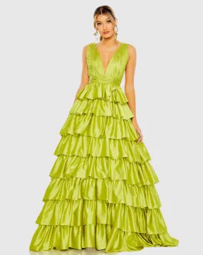 Ruffle Tiered Pleated Sleeveless V Neck Gown