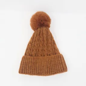 Rust Luxury Cable Knit Hat with Faux Fur Pom-Pom