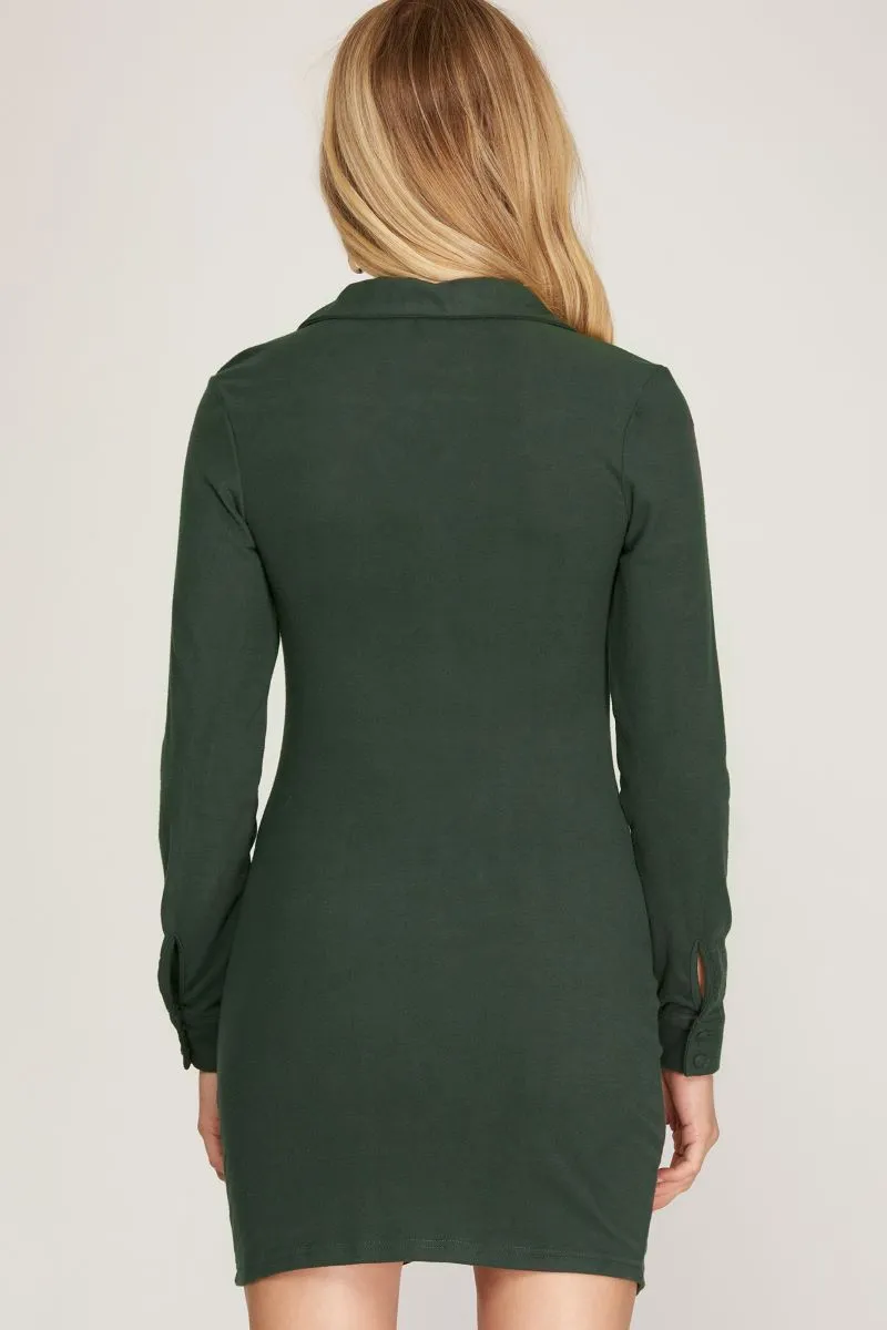 SALAMANDER BRUSHED STRETCH KNIT BUTTON DOWN SHIRRED SHIRT MINI DRESS SS8731